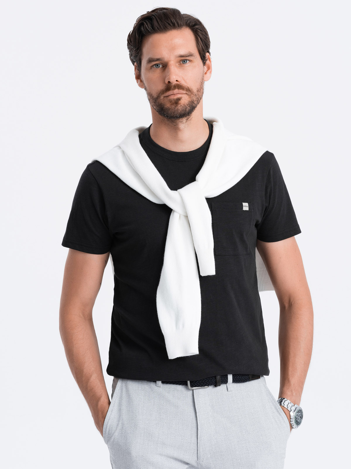 Men’s knitted T-shirt with patch pocket – black V5 S1621