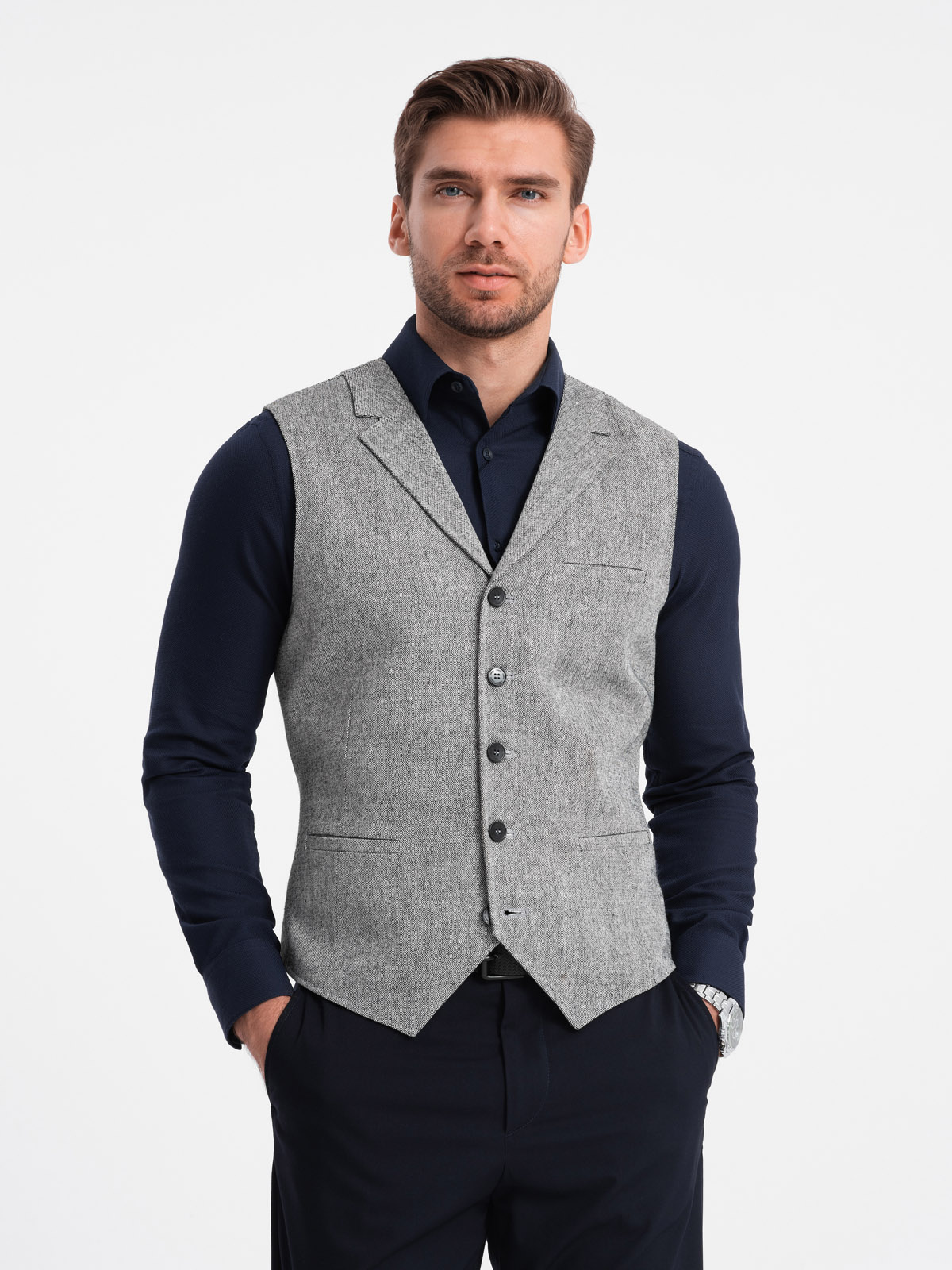 Men’s suit vest with collar – gray V2 OM-BLZV-0105