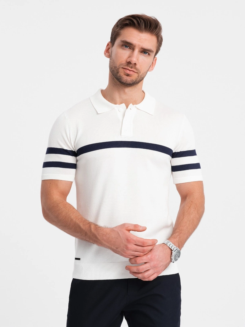 Men’s soft knit polo shirt with contrasting stripes – white V1 OM-POSS-0118