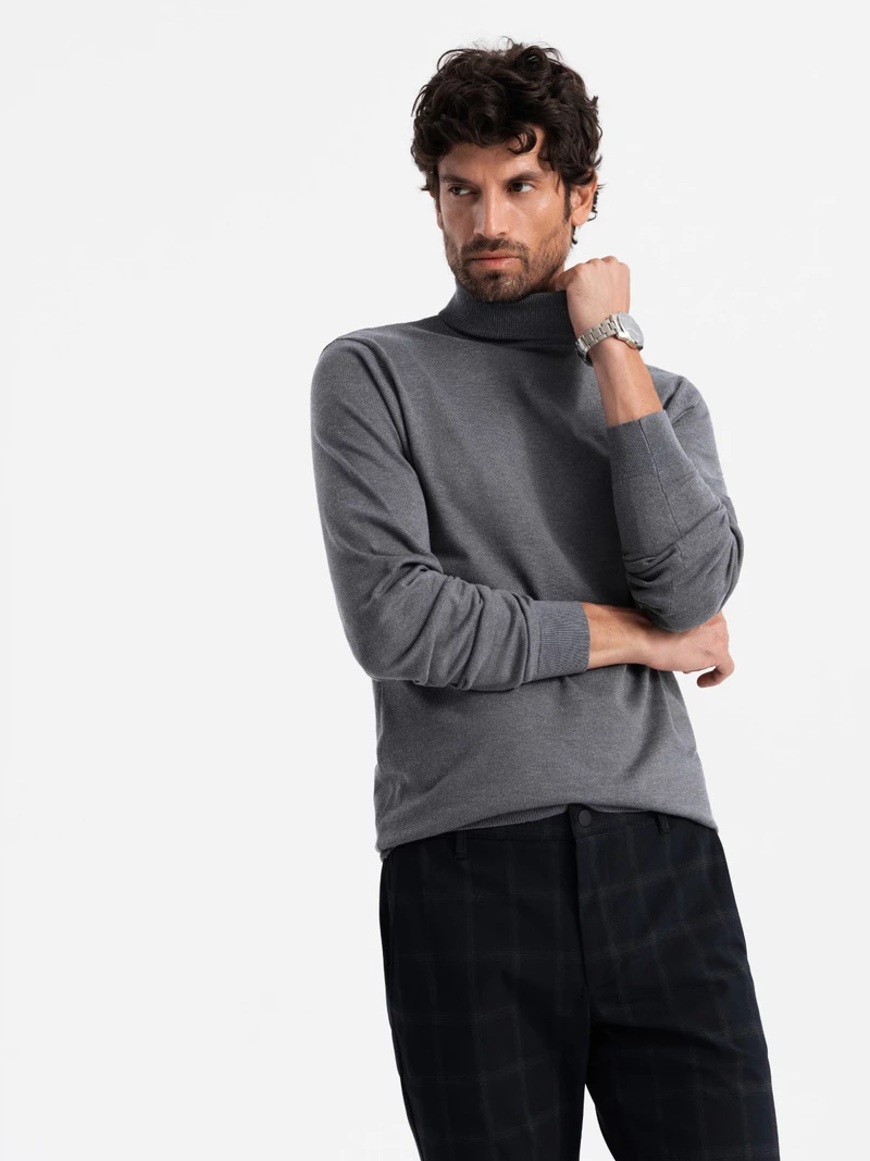 One color men’s knitted turtleneck with viscose – grey melange V2 OM-SWTN-0101