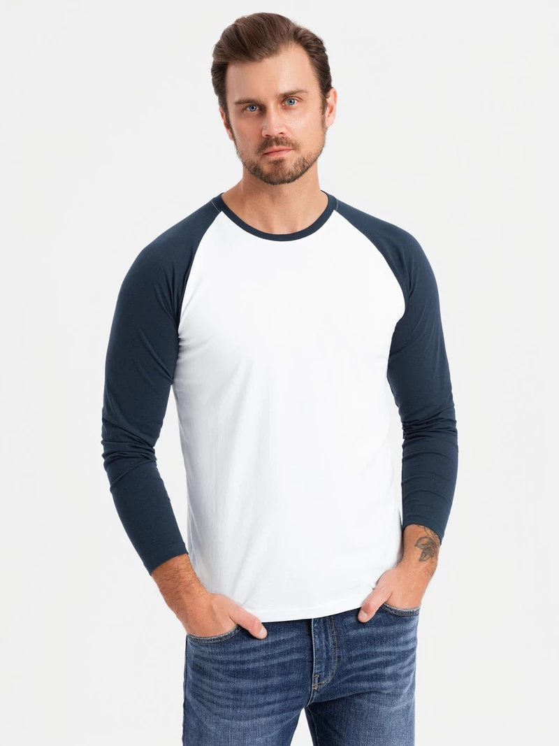 Men’s longsleeve with contrast raglan sleeves – white and navy V1 OM-LSCL-0105