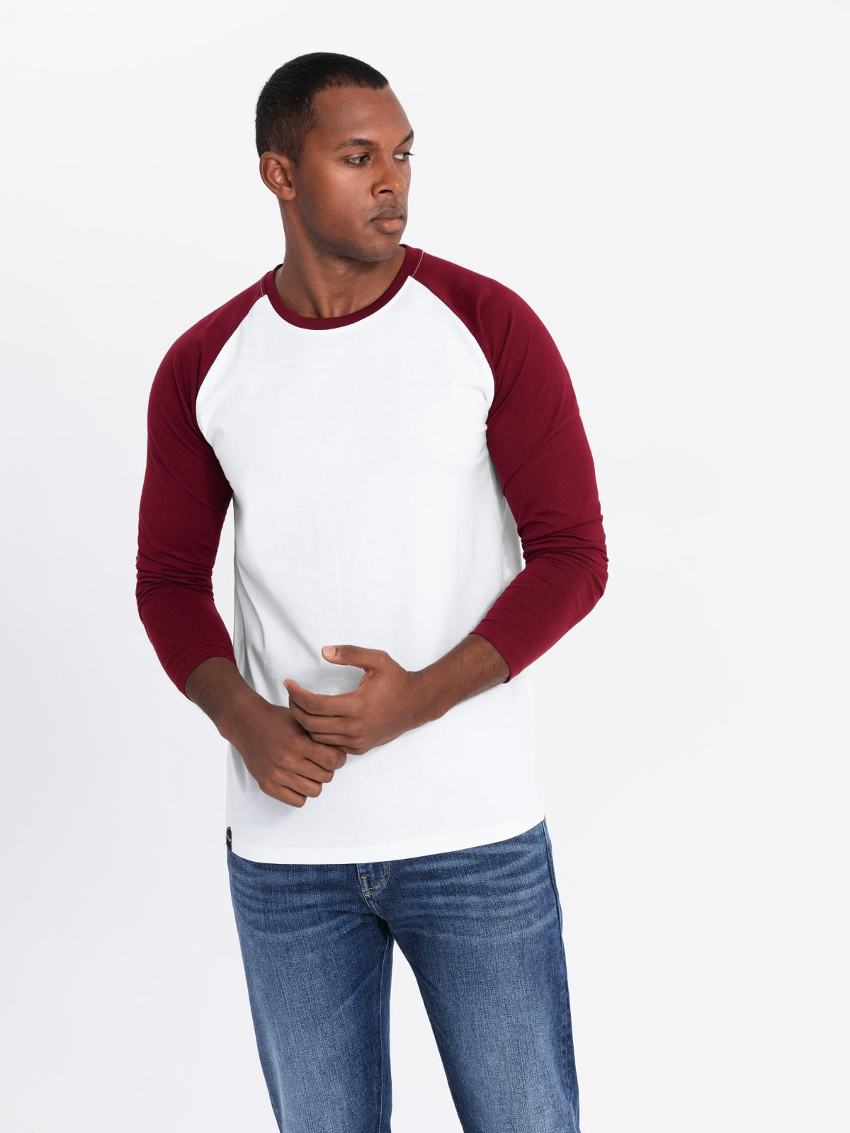 Men’s longsleeve with contrasting raglan sleeves – white and maroon V2 OM-LSCL-0105