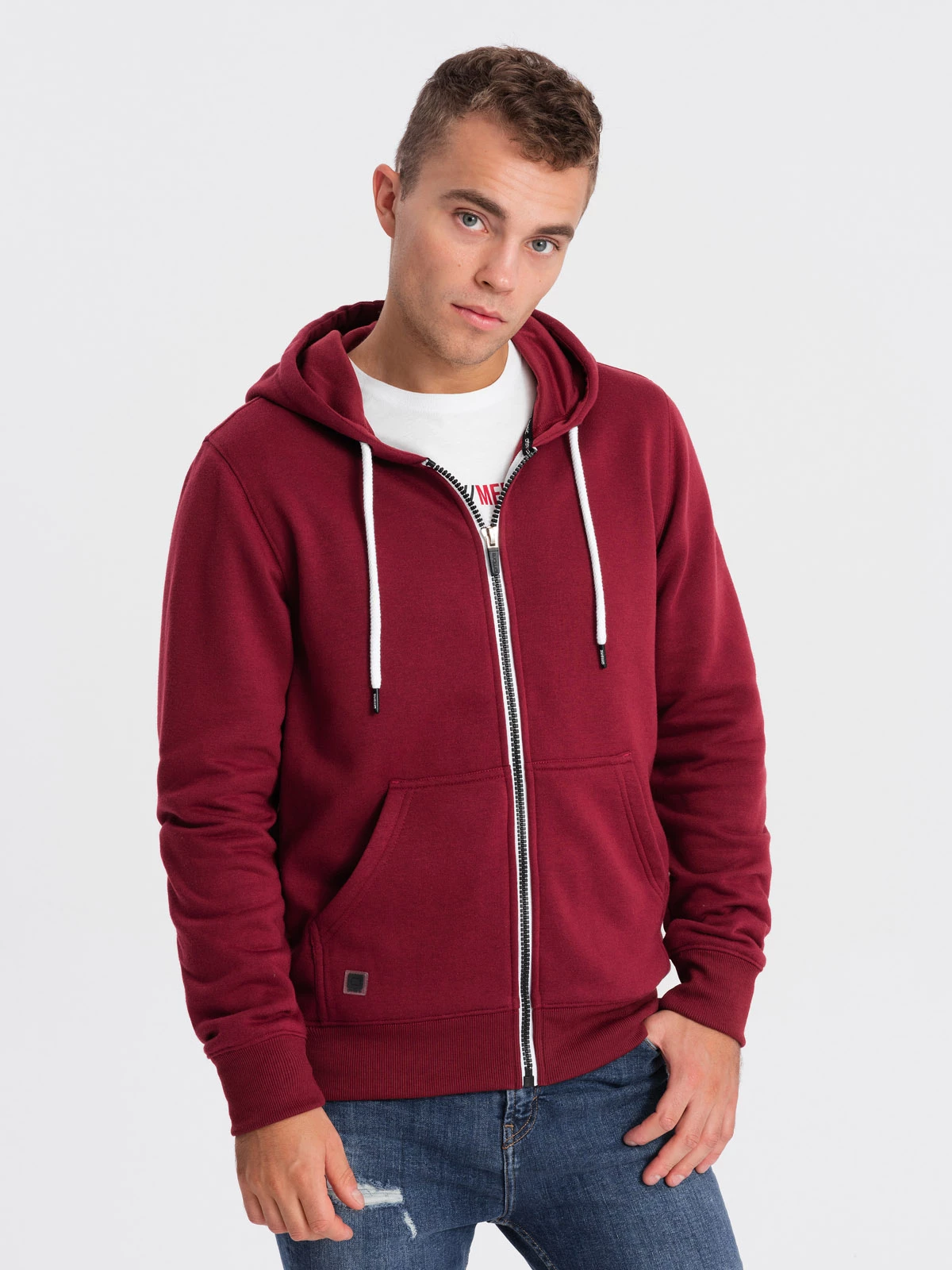 BASIC men’s unbuttoned hooded sweatshirt – maroon V7 OM-SSBZ-0118