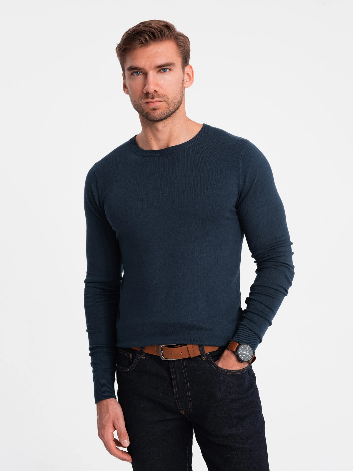 Classic men’s sweater with round neckline – navy blue V9 OM-SWBS-0106