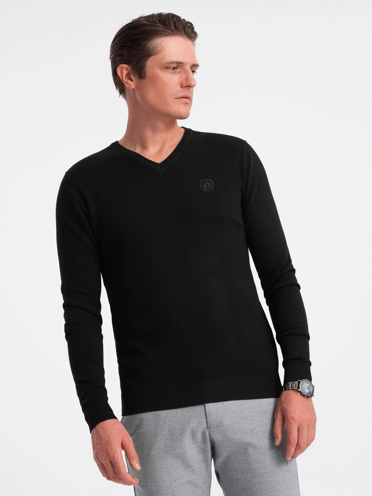 Elegant men’s sweater with a v-neck – black V1 OM-SWBS-0107