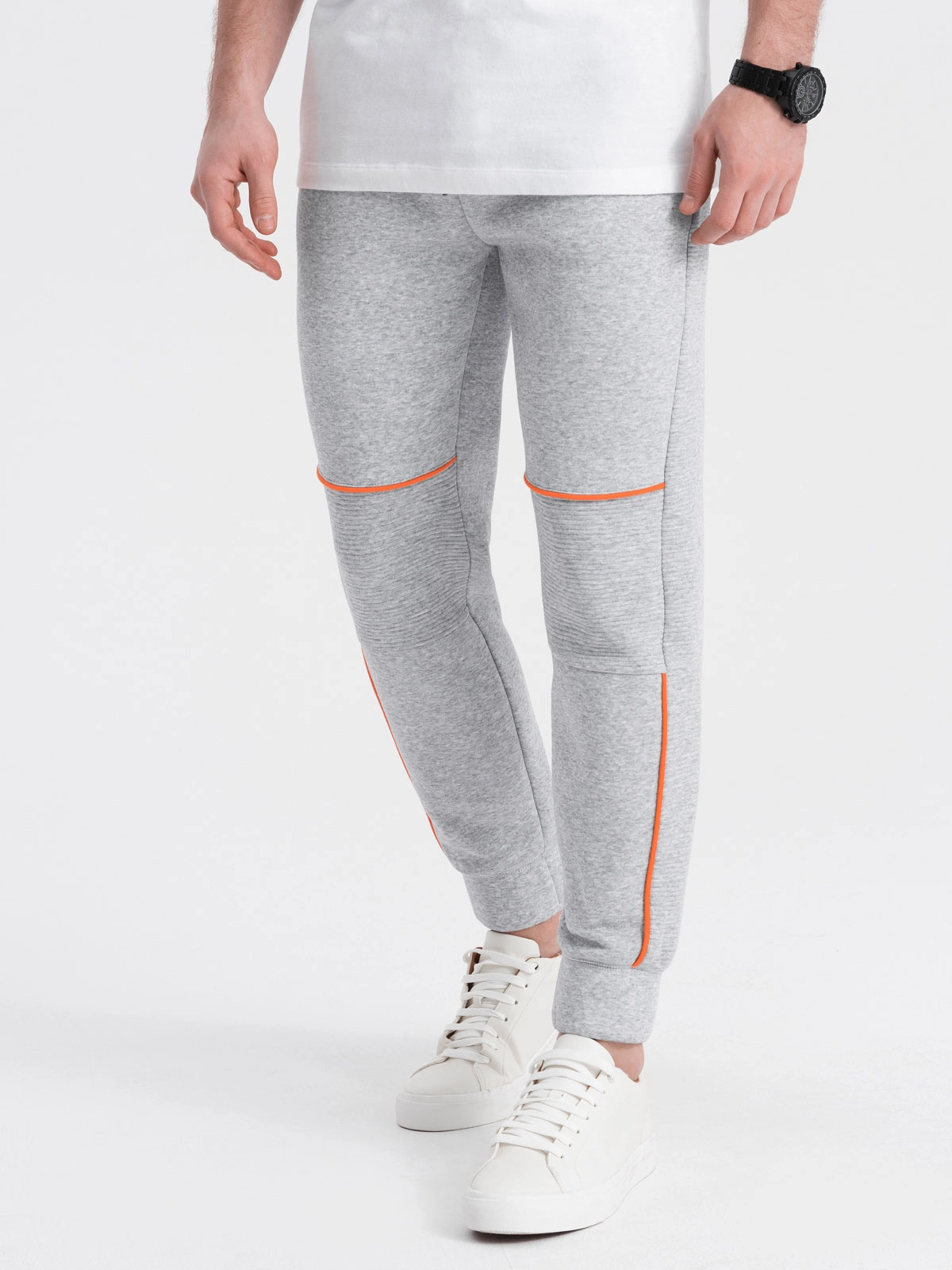 Men’s sweatpants with contrast stitching – grey melange V3 OM-PASK-0145