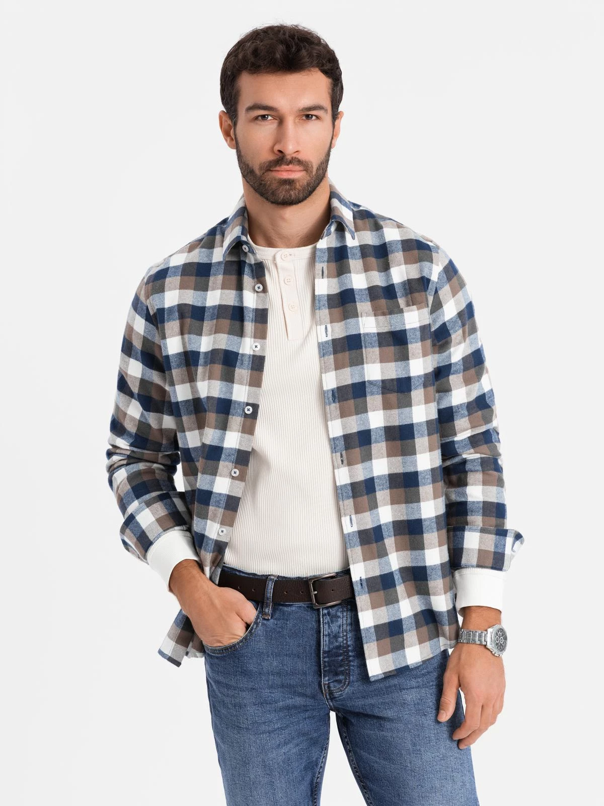 Classic men’s flannel check cotton shirt – brown and navy blue V1 OM-SHCS-0157