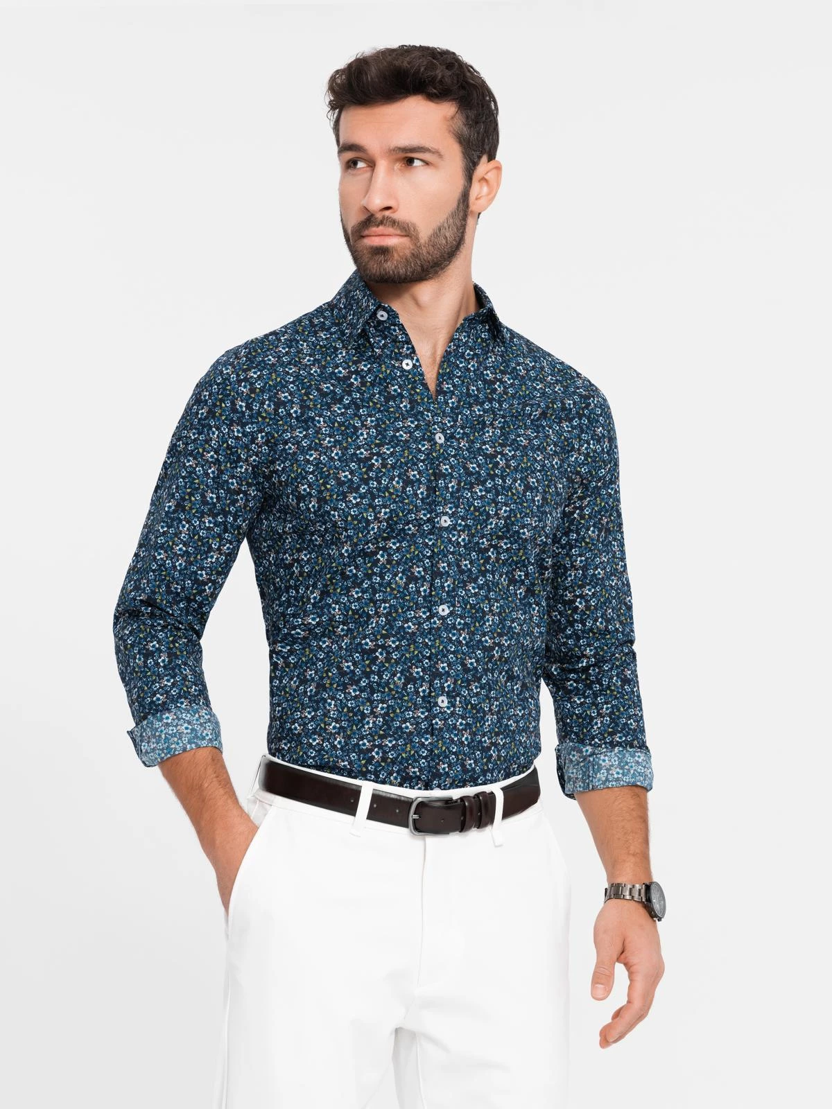 Men’s SLIM FIT patterned cotton shirt – dark blue V1 OM-SHCS-0151