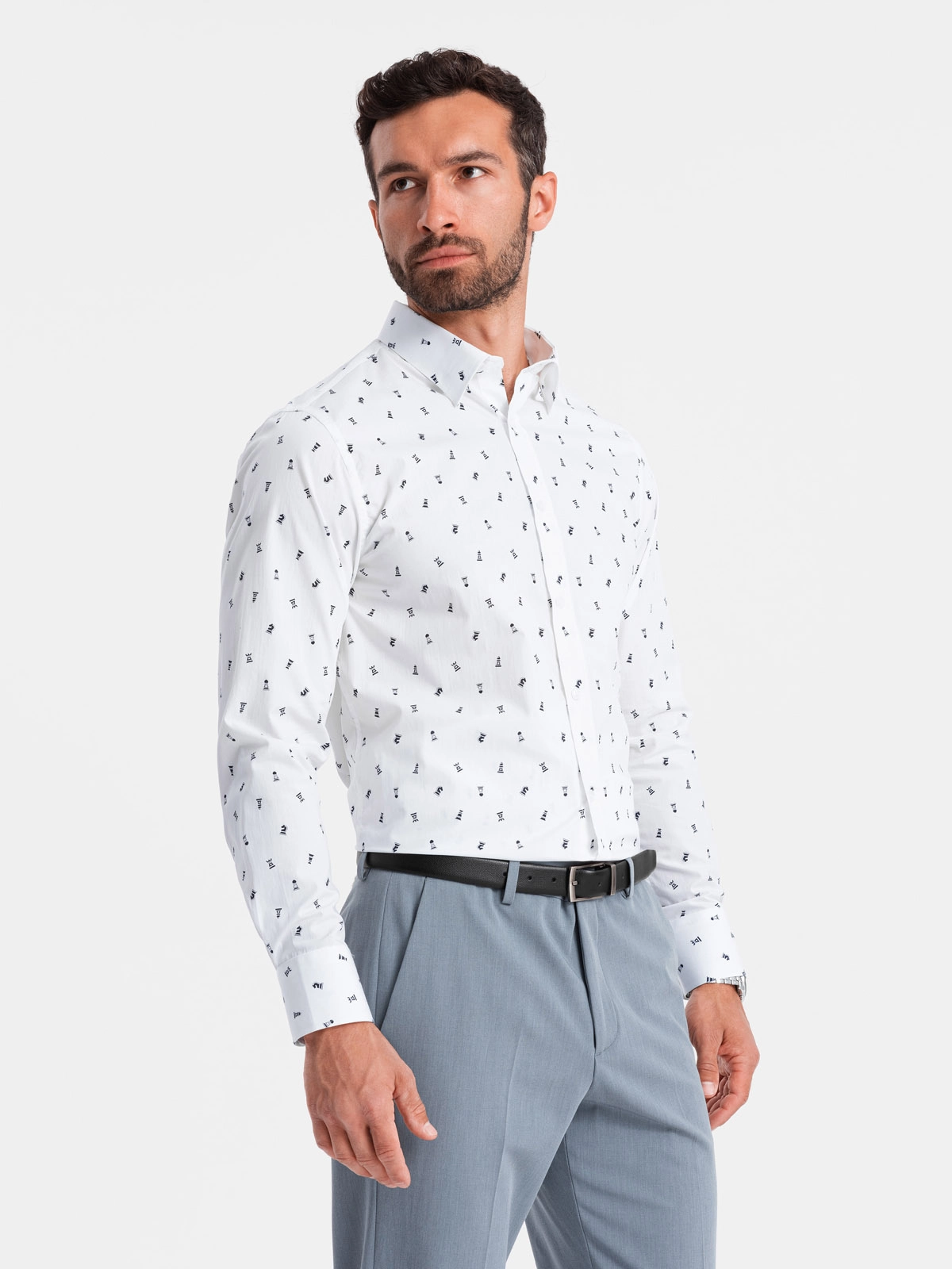 Men’s SLIM FIT patterned cotton shirt – white V2 OM-SHCS-0151