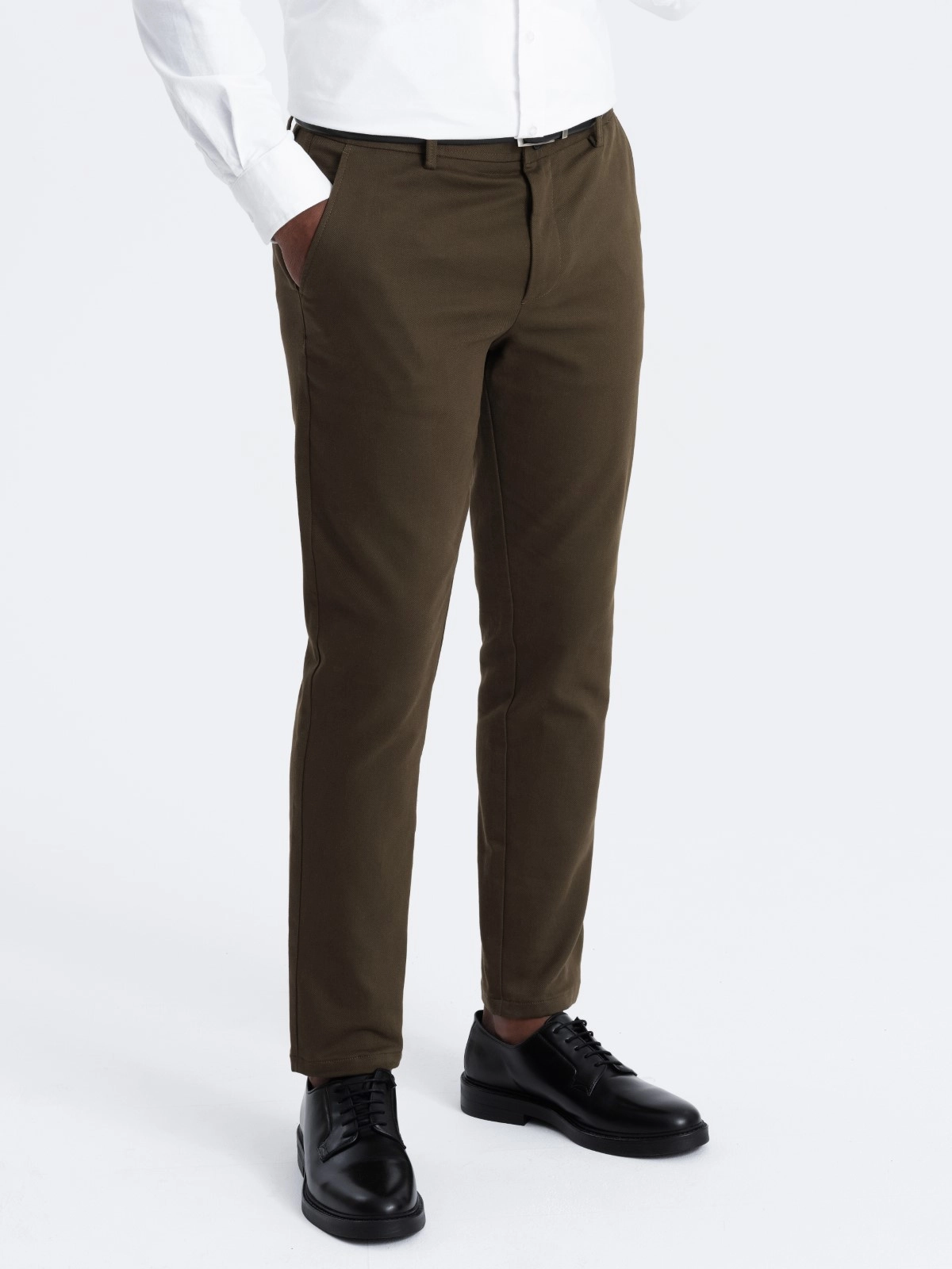 Men’s SLIM FIT chino pants with fine texture – dark olive green V4 OM-PACP-0190