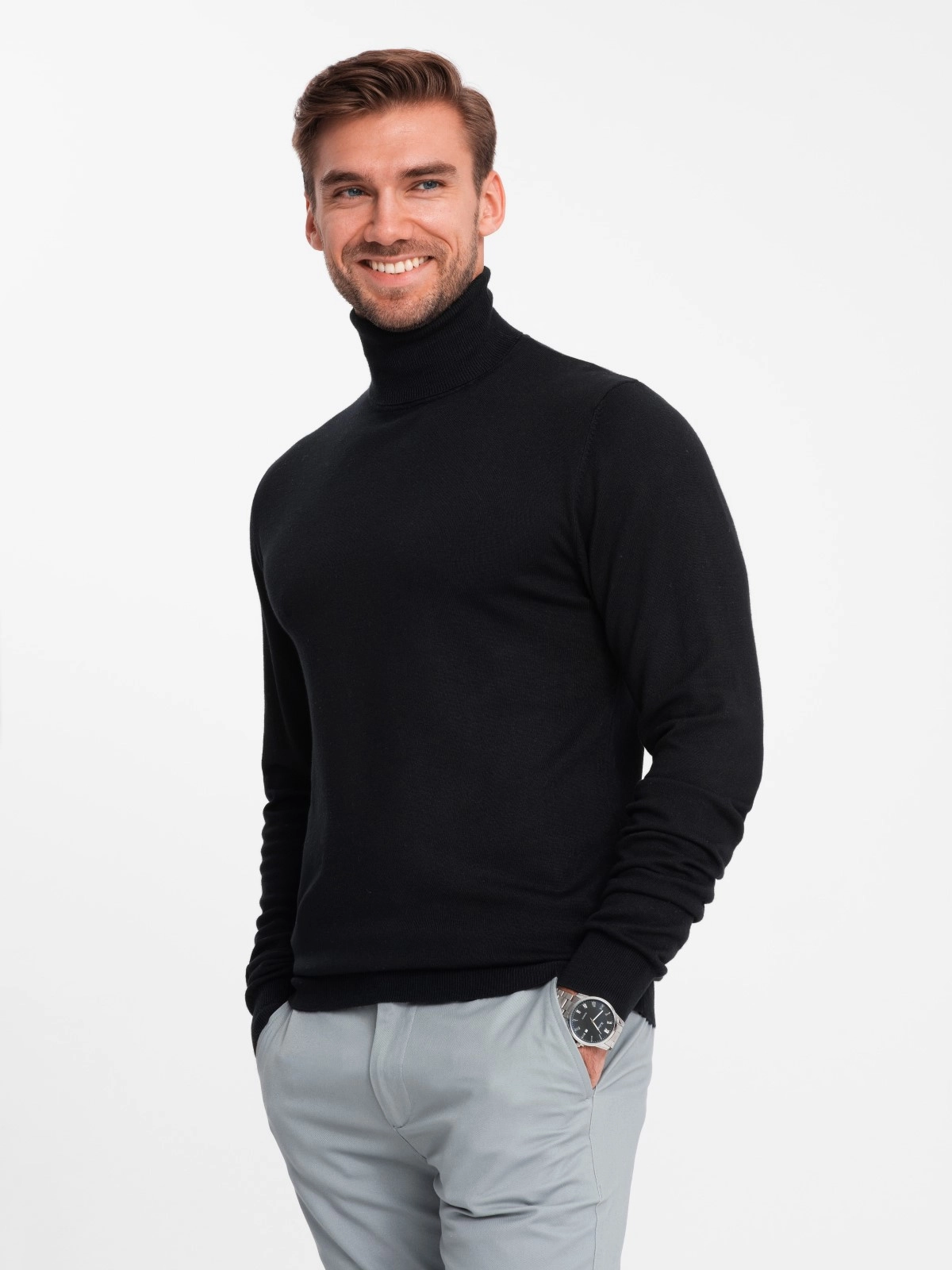 Men’s knitted fitted turtleneck with viscose – black V1 OM-SWTN-0101