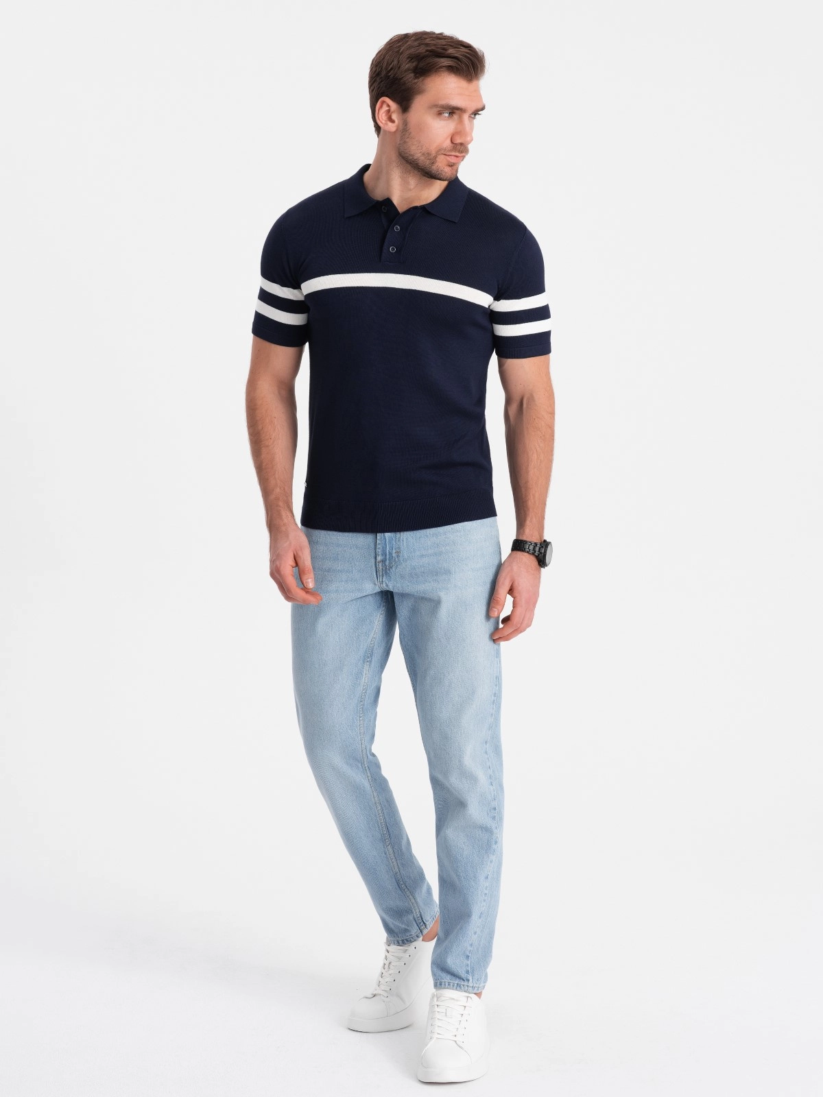 Men’s soft knit polo shirt with contrasting stripes – navy blue V2 OM-POSS-0118