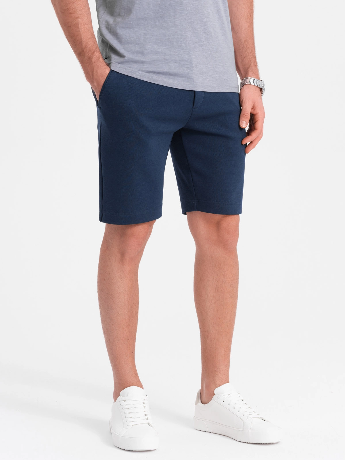 Men’s SLIM FIT shorts in structured knit fabric – navy blue melange V1 OM-SRCS-0126