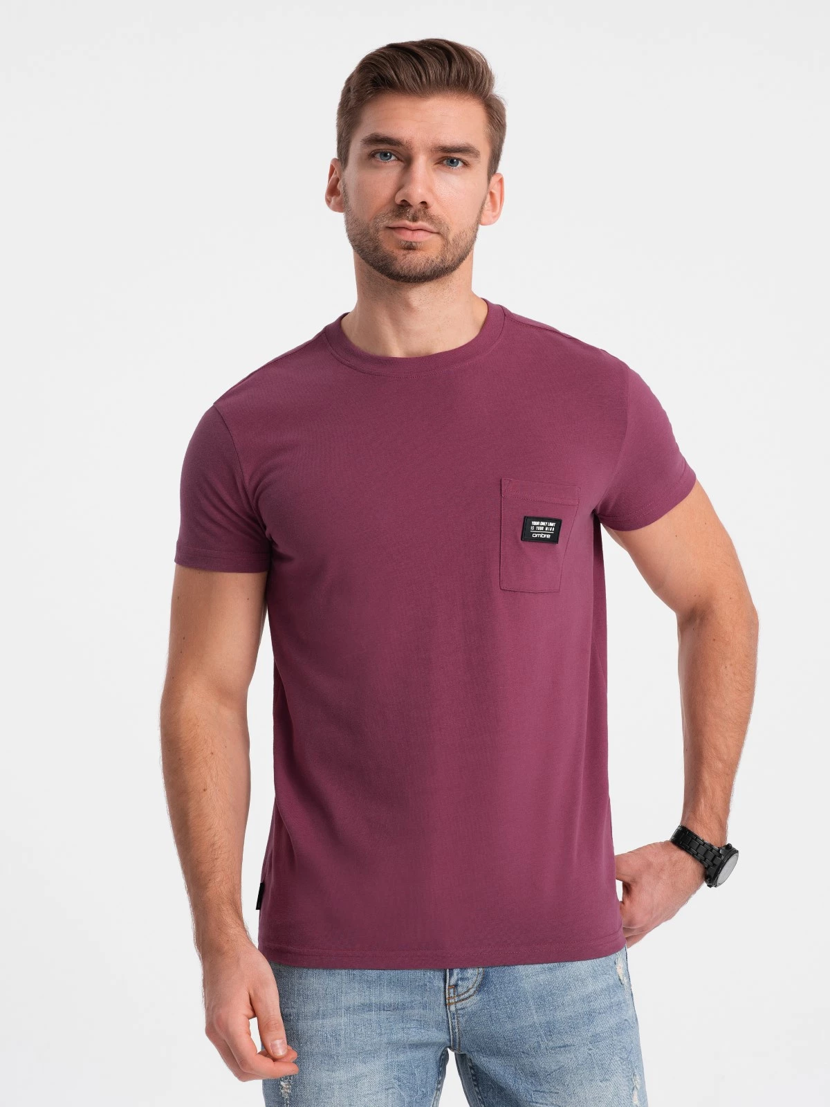 Men’s casual t-shirt with patch pocket – dark pink V5 OM-TSCT-0109