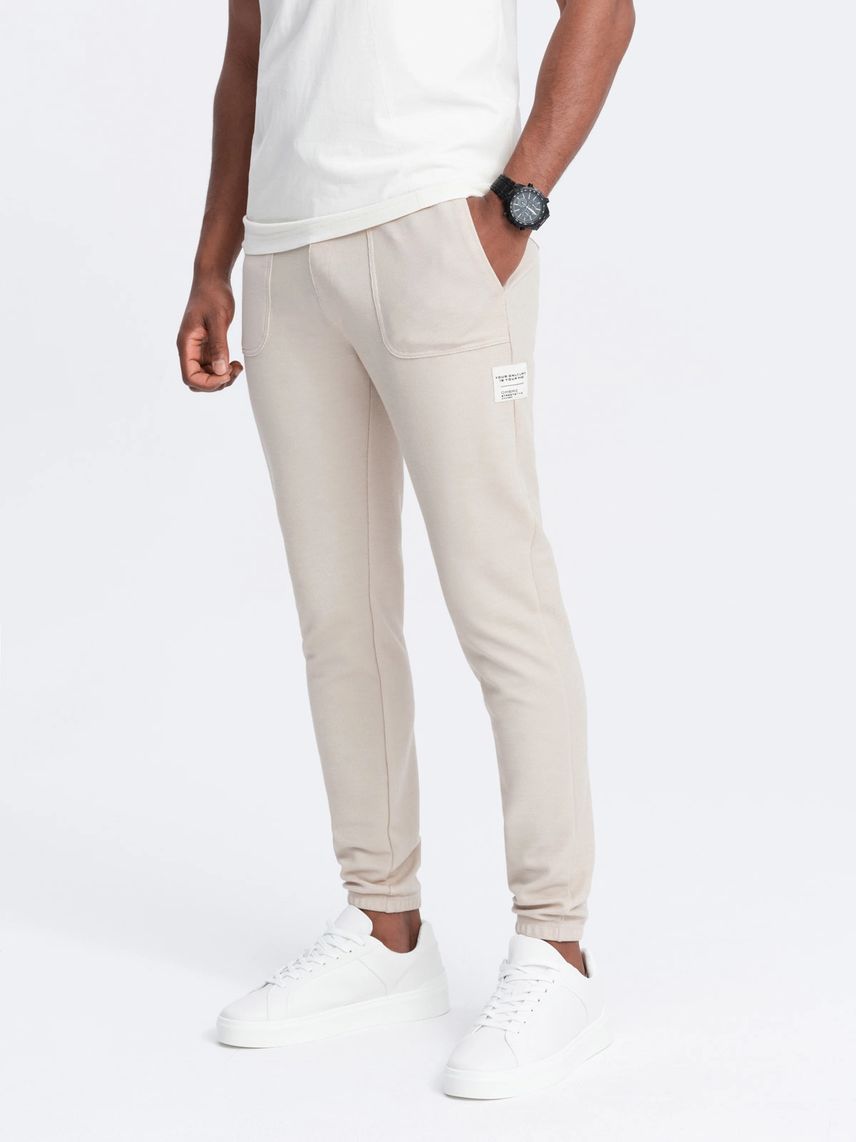 Men’s structured knit sweatpants – light beige V1 OM-PASK-0211