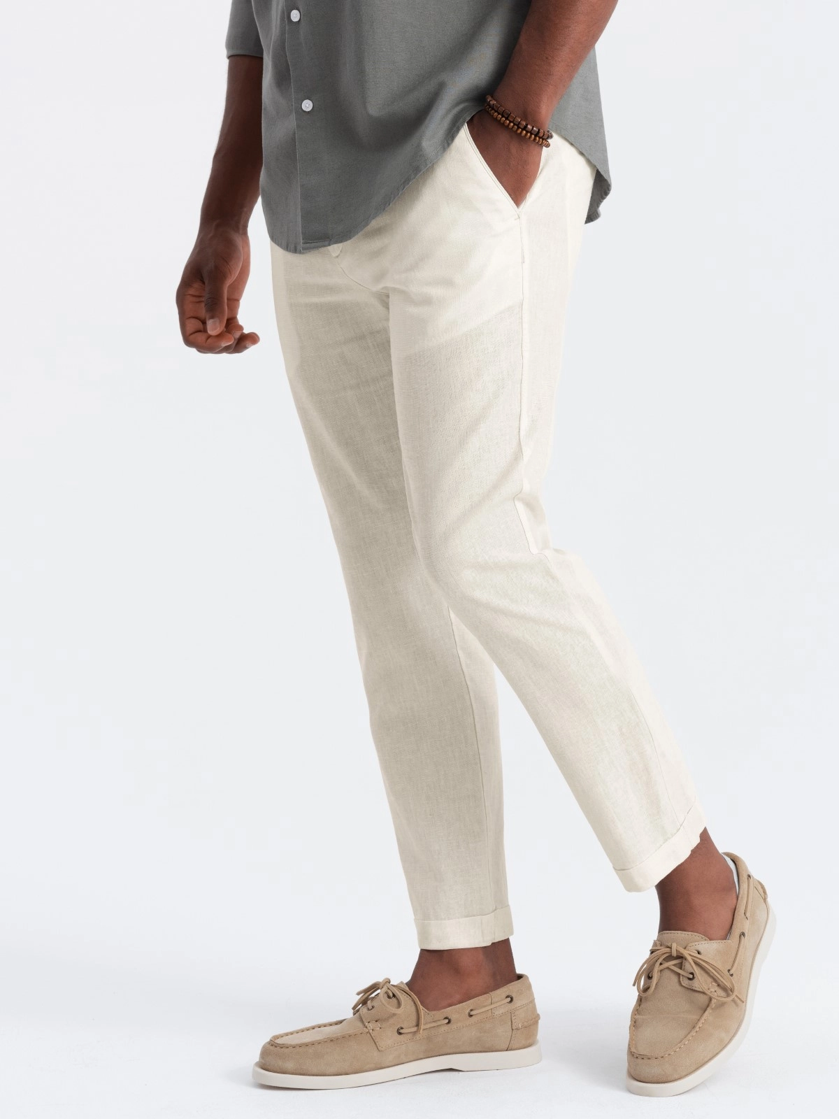 Men’s linen blend roll-up chino pants – cream V2 OM-PACP-0198