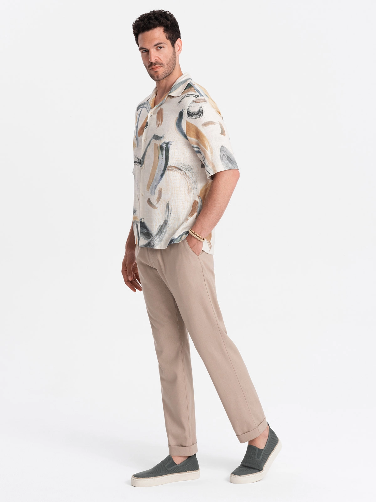 Men’s linen blend rolled up chino pants – light brown V3 OM-PACP-0198