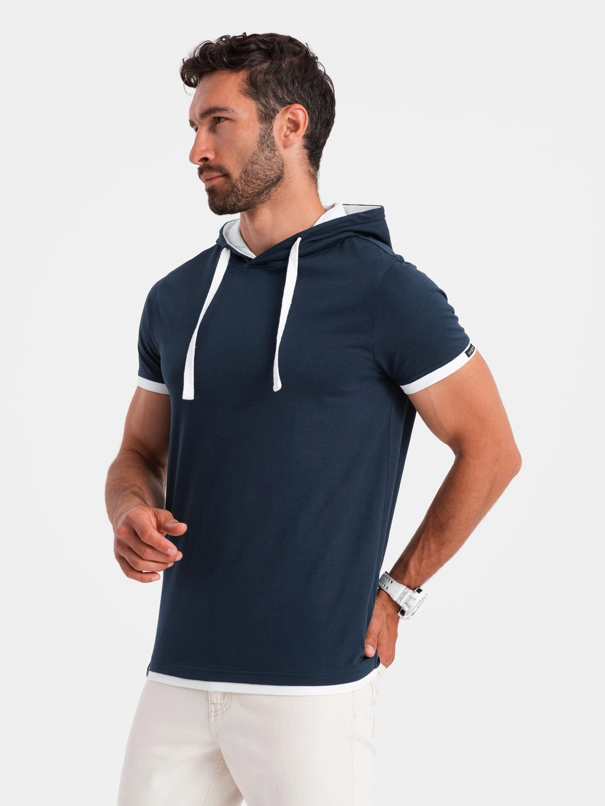 Casual men’s cotton t-shirt with hood – navy blue V4 OM-TSCT-22SS-001