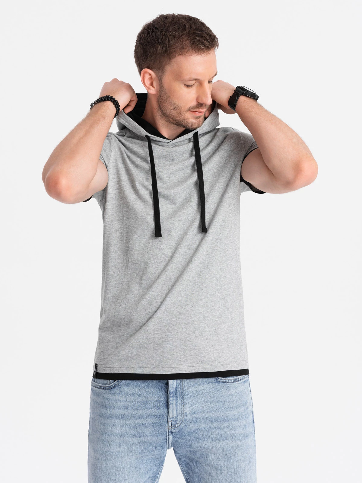 Casual men’s cotton hooded t-shirt – grey melange V8 OM-TSCT-22SS-001