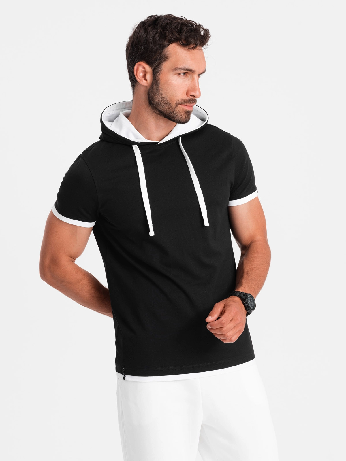 Casual men’s cotton hooded t-shirt – black V9 OM-TSCT-22SS-001