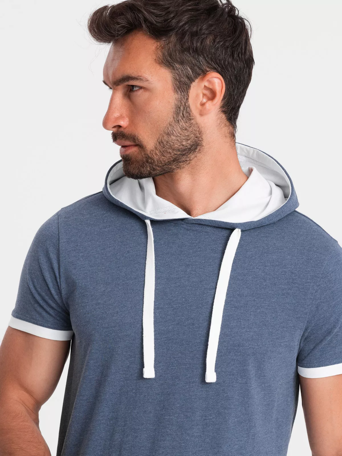 Casual men’s cotton t-shirt with hood – dark blue melange V12 OM-TSCT-22SS-001