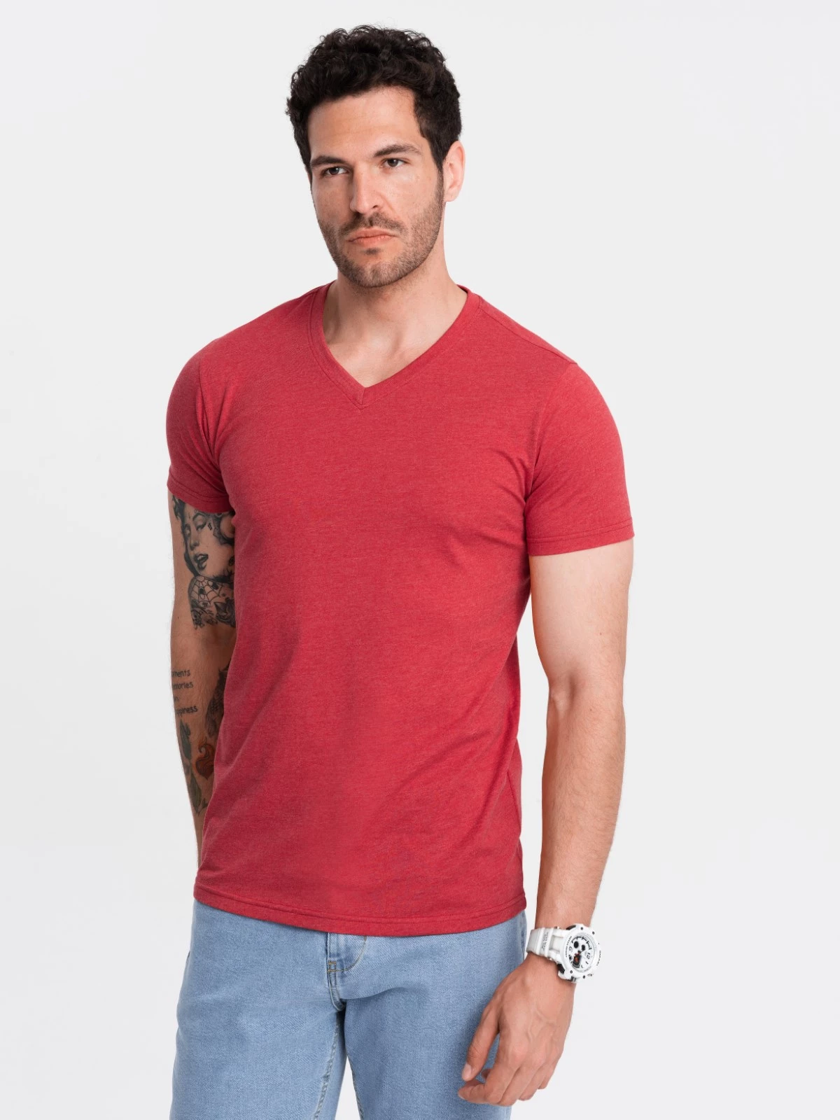 BASIC men’s classic cotton tee-shirt with a crew neckline – red melange V17 OM-TSBS-0145