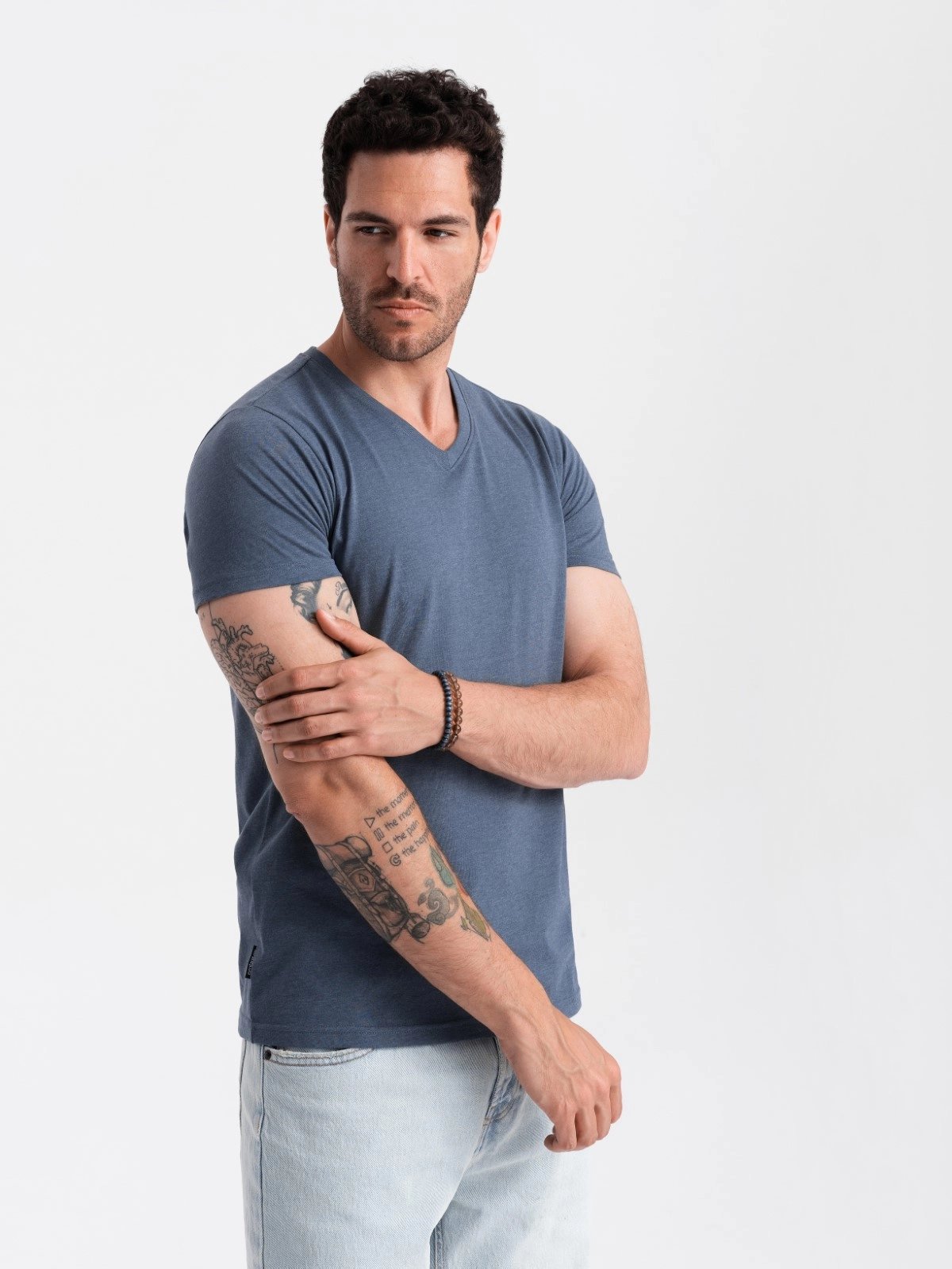 Men’s BASIC classic cotton T-shirt with a serape neckline – blue melange V18 OM-TSBS-0145