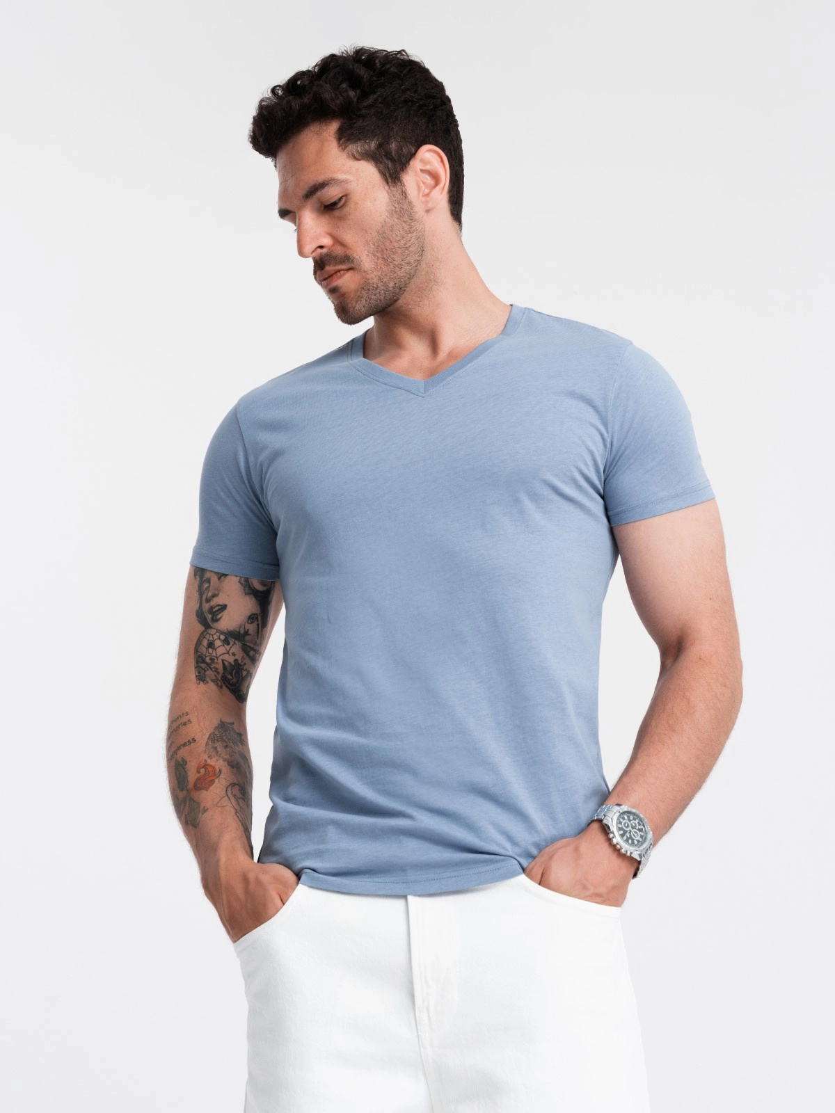 BASIC men’s classic cotton T-shirt with a serape neckline – blue V20 OM-TSBS-0145