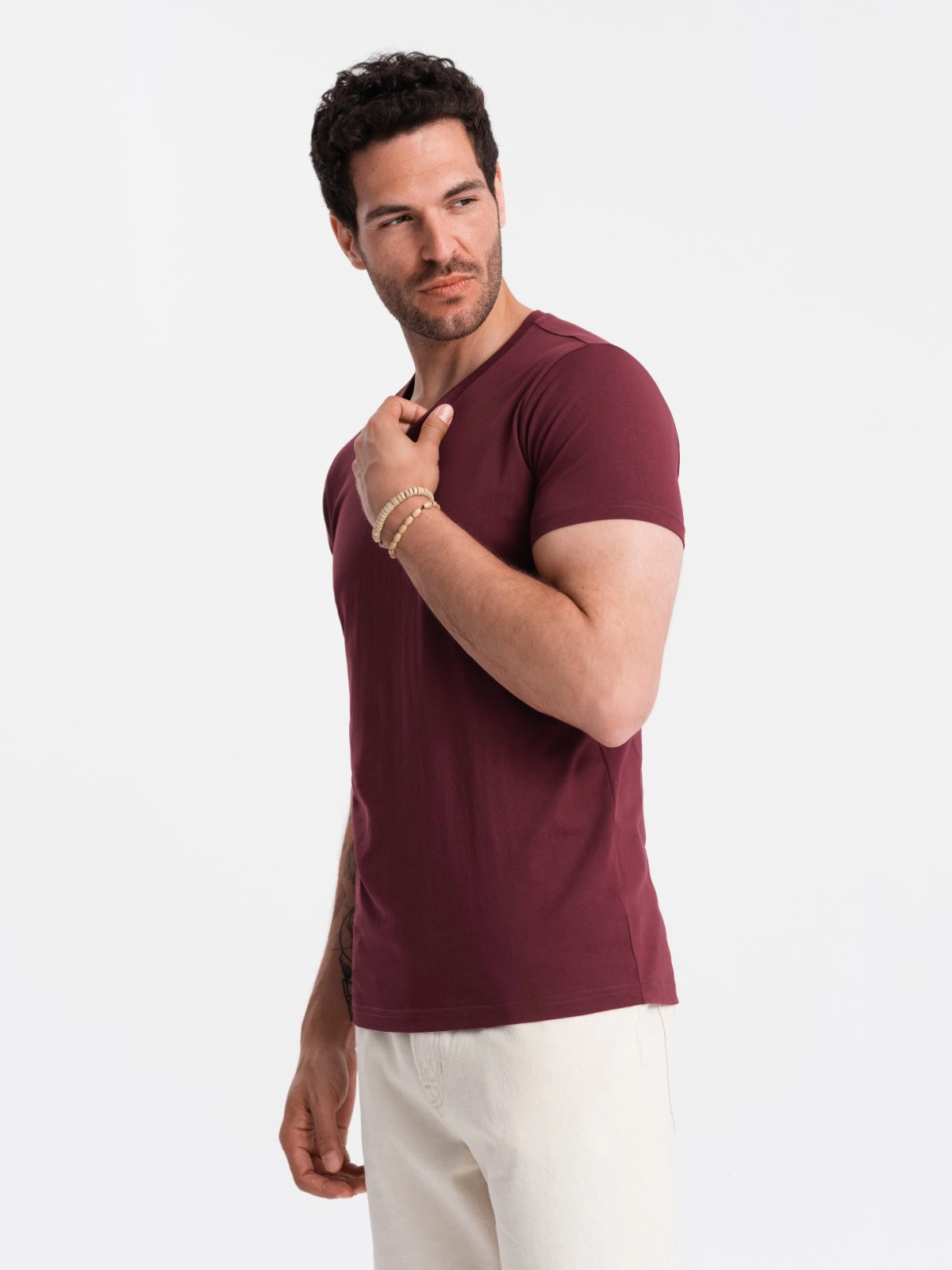 BASIC men’s cotton classic tee shirt with a v-neck – maroon V10 OM-TSBS-0145