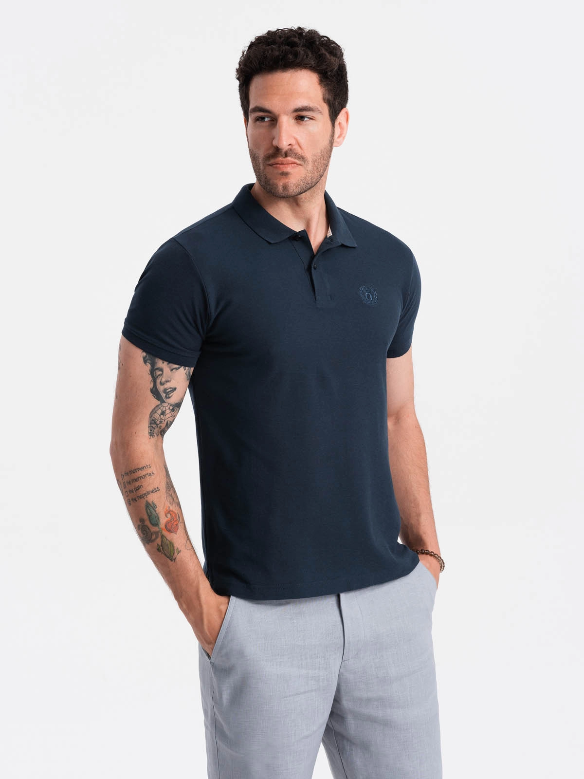 BASIC men’s single color pique knit polo shirt – navy blue V2 OM-POBS-0100