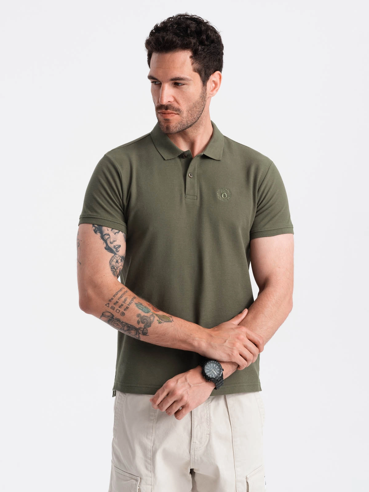 Men’s BASIC single-color pique knit polo shirt – dark olive green V6 OM-POBS-0100