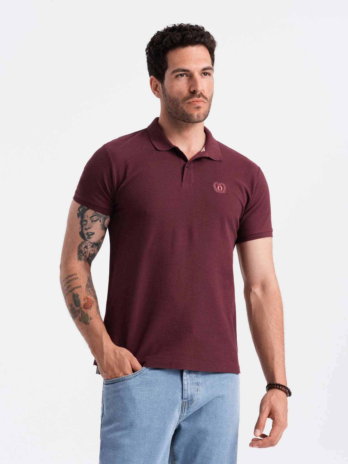 Men’s BASIC single-color pique knit polo shirt – maroon V10 OM-POBS-0100