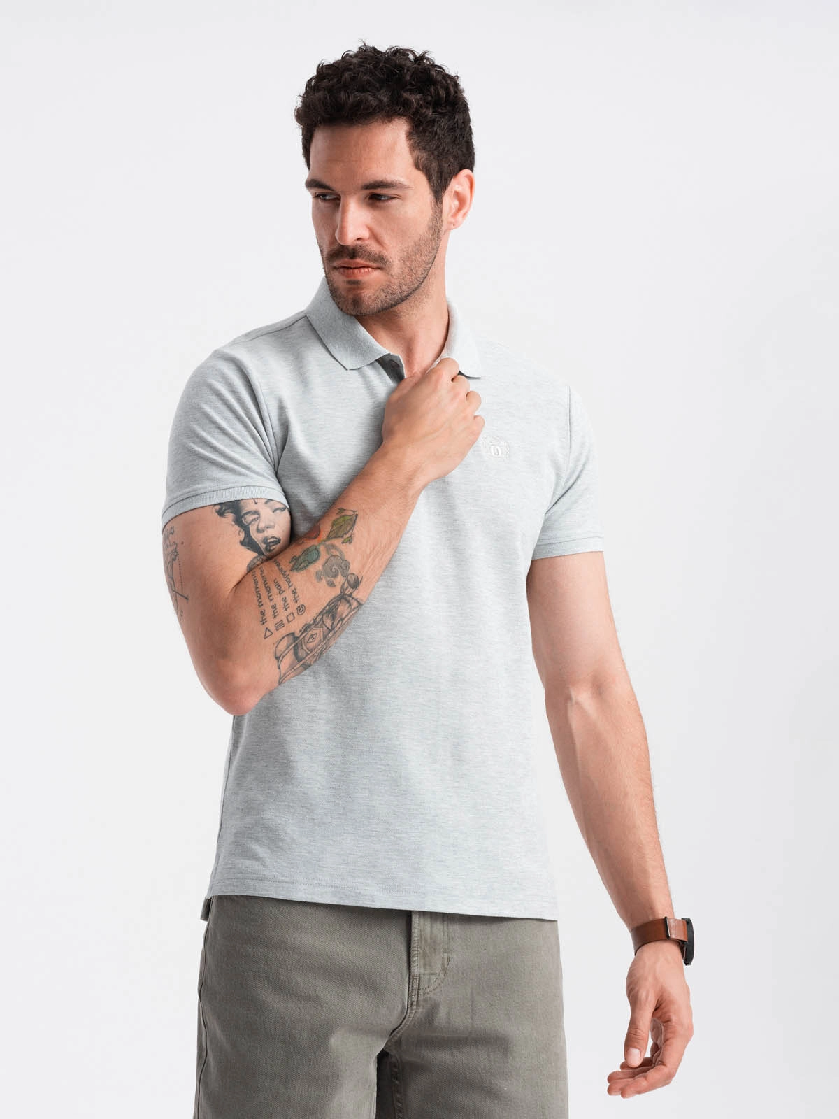 Men’s BASIC single color pique knit polo shirt – grey V20 OM-POBS-0100