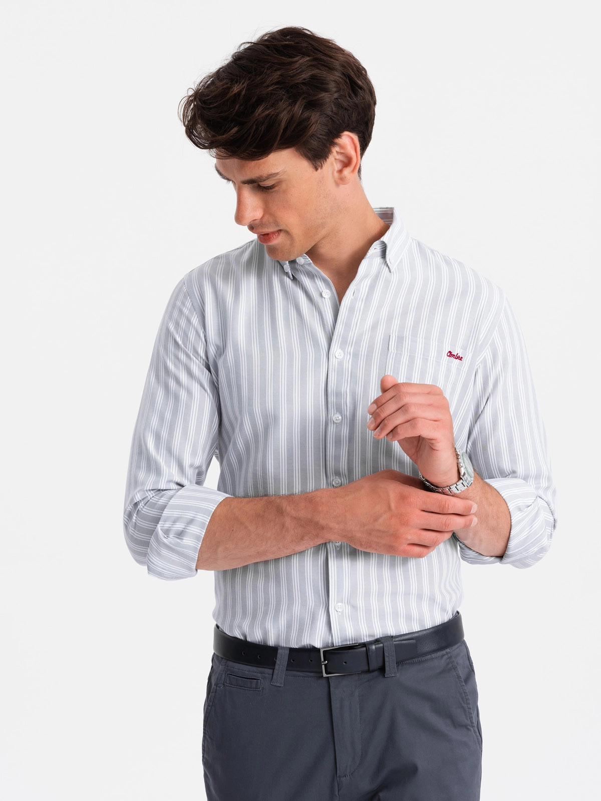 Men’s REGULAR FIT shirt in white stripes with pocket – grey V1 OM-SHOS-0171