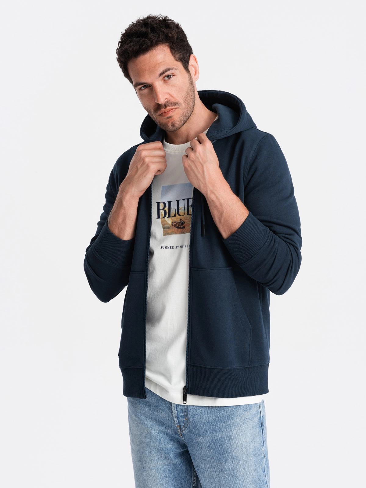 BASIC men’s cotton stretch sweatshirt – navy blue V1 OM-SSBZ-0160