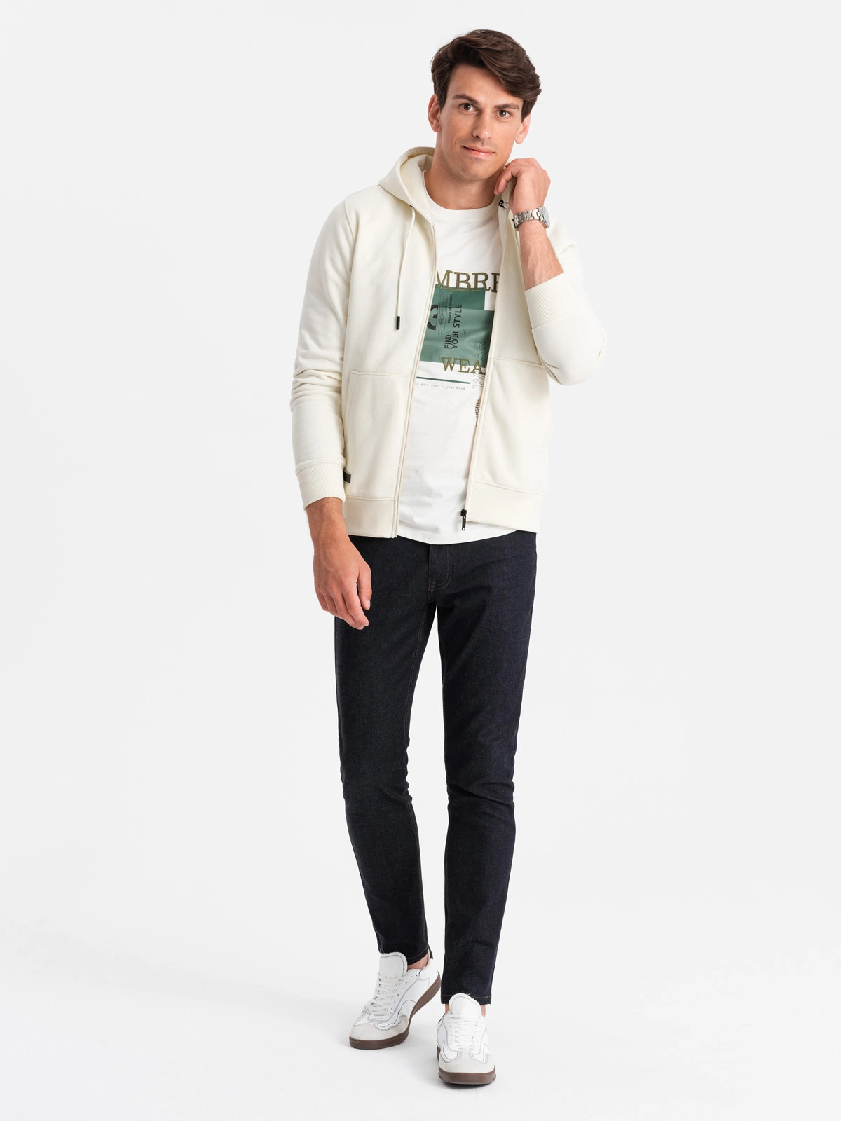 Men’s unbuttoned cotton BASIC sweatshirt – cream V5 OM-SSBZ-0160