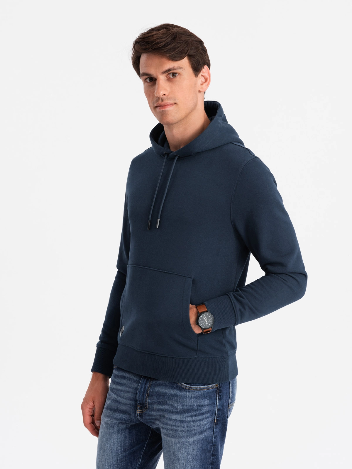 BASIC men’s cotton kangaroo hooded sweatshirt – navy blue V1 OM-SSBN-0161