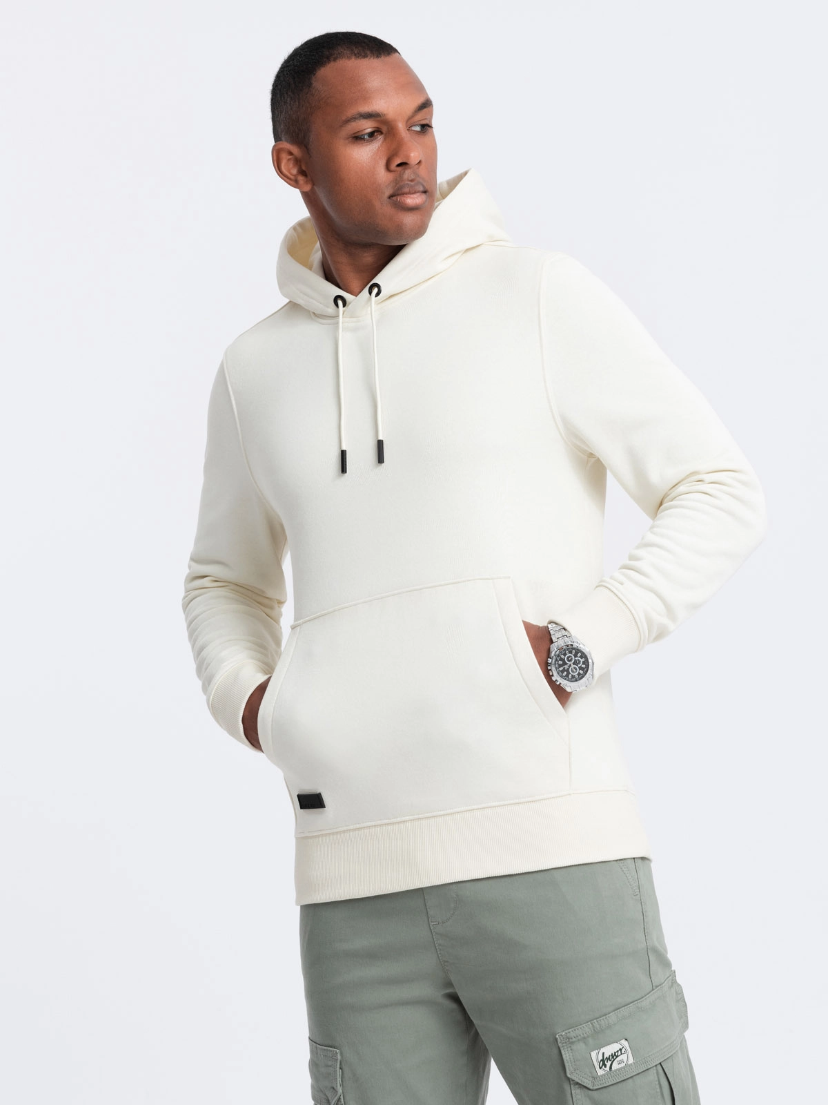 Men’s BASIC cotton kangaroo hooded sweatshirt – cream V5 OM-SSBN-0161