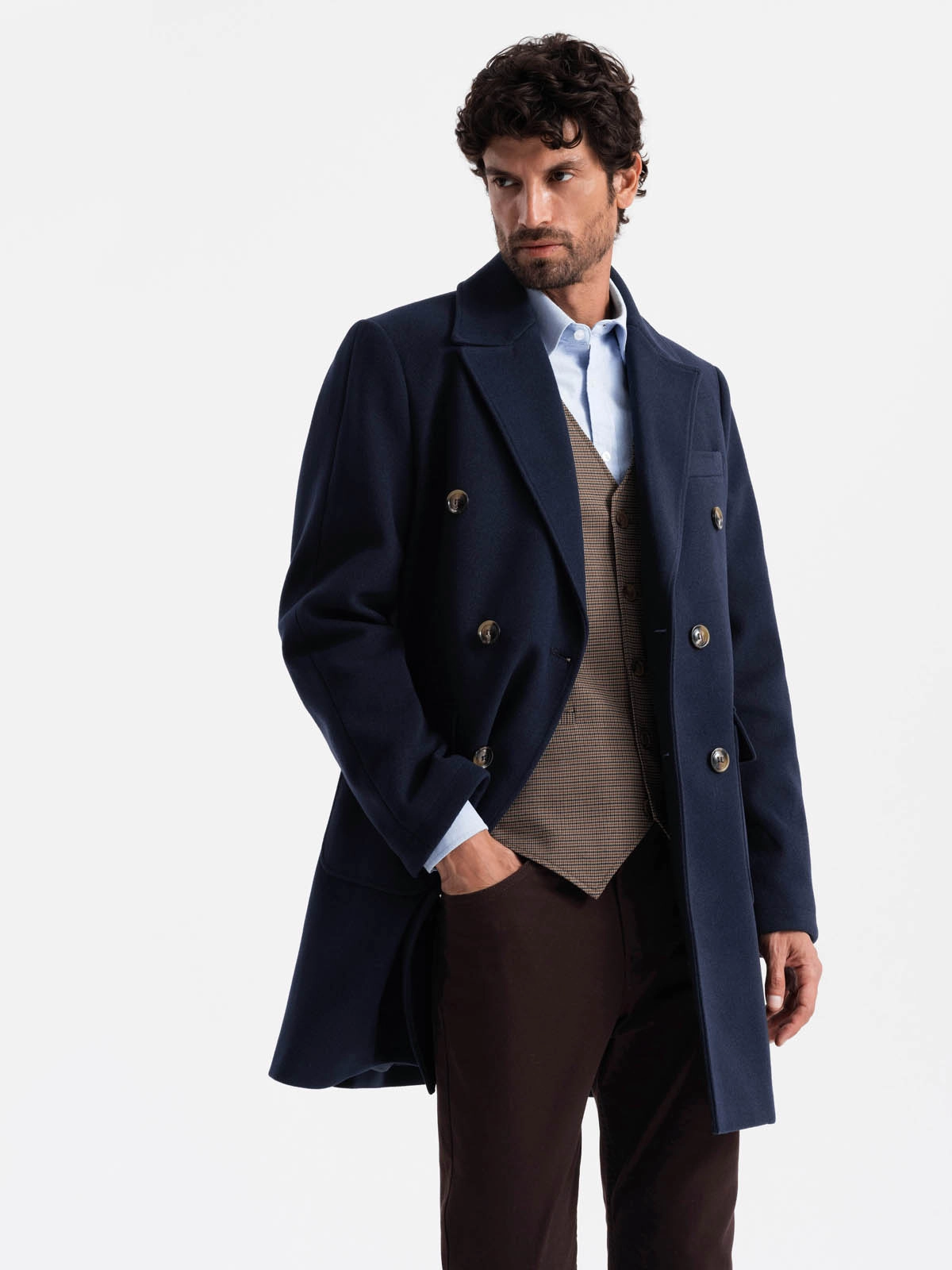 Men’s double-breasted coat with decorative buttons – indigo V1 OM-COWC-0109