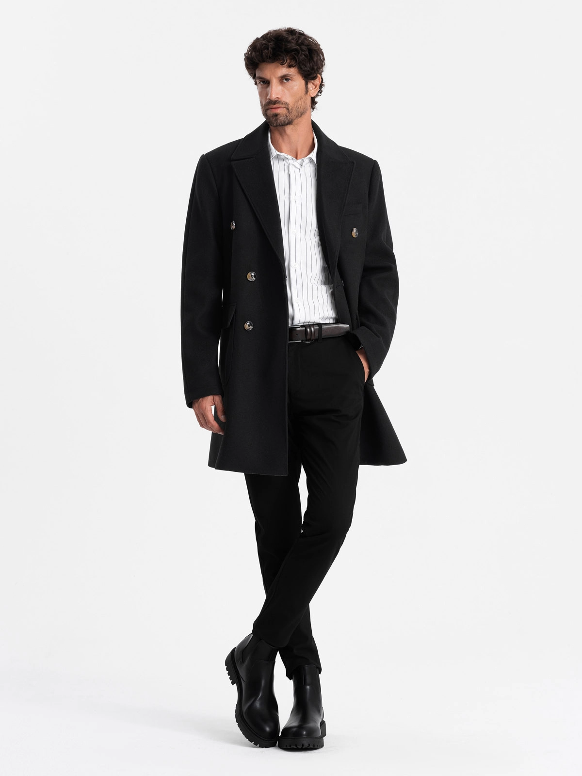 Men’s double-breasted coat with decorative buttons – black V2 OM-COWC-0109