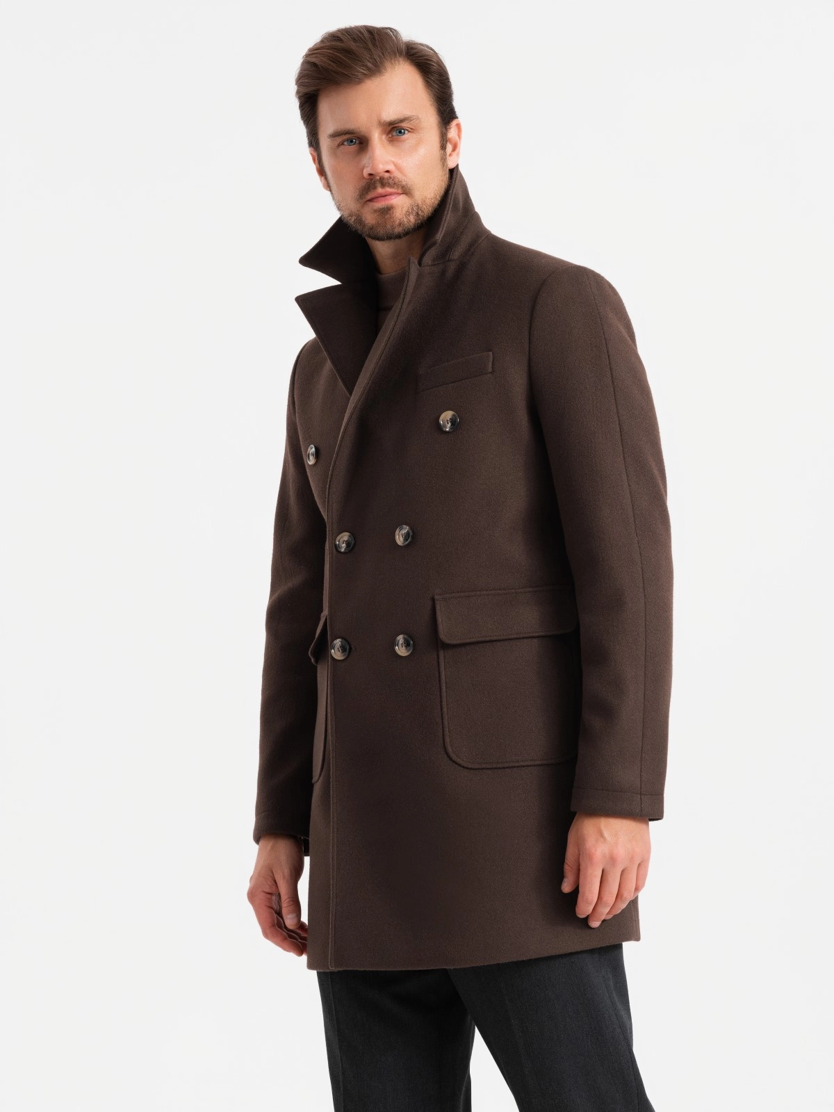 Men’s double-breasted coat with decorative buttons – dark brown V3 OM-COWC-0109