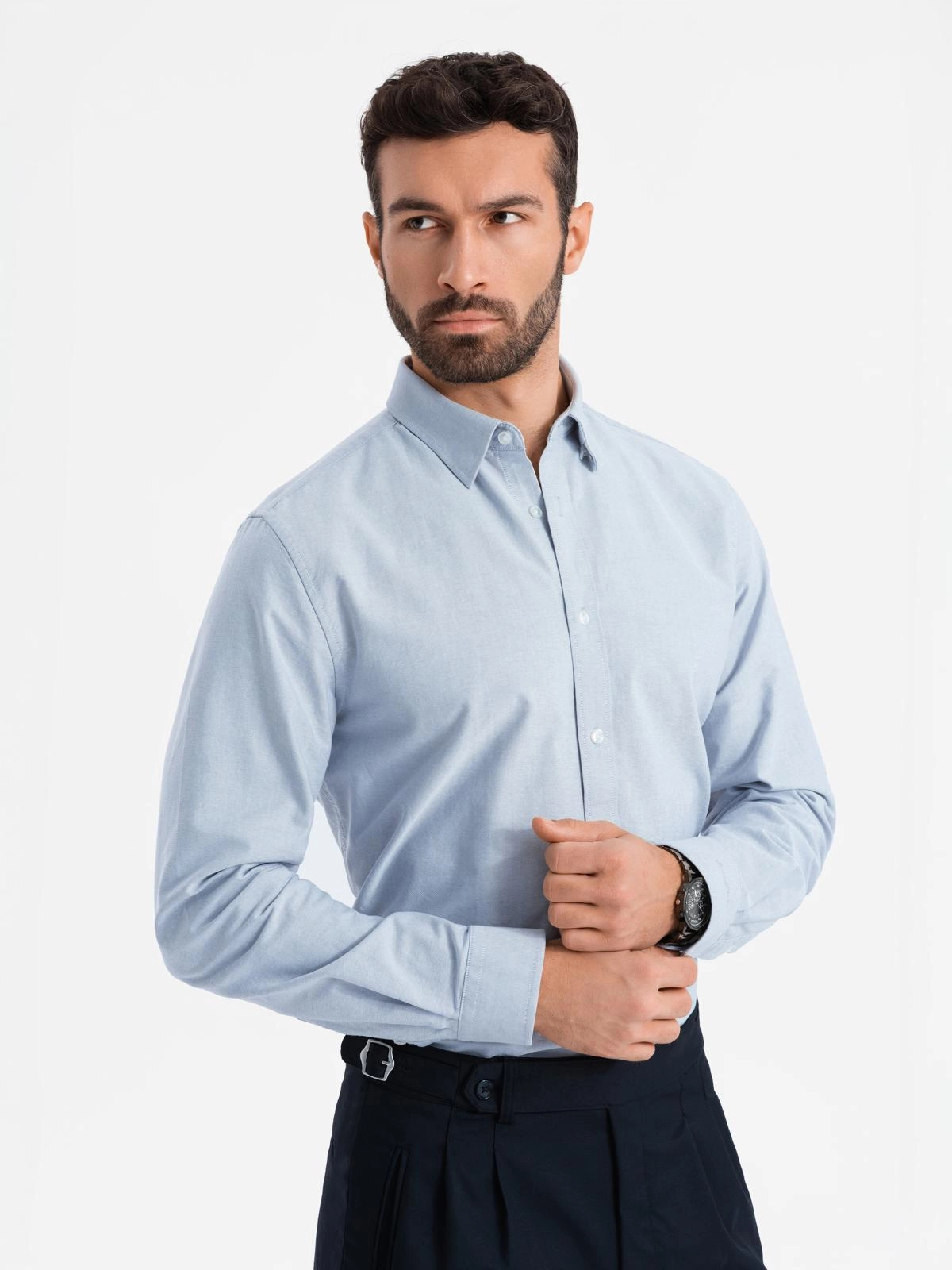 Elegant men’s oxford shirt with embroidery – blue V1 OM-SHOS-0172