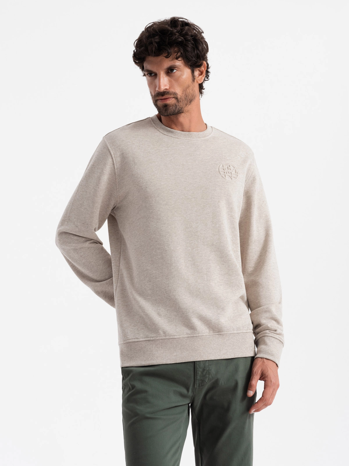 Men’s mélange sweatshirt with embroidered logo – beige V2 OM-SSNZ-0163