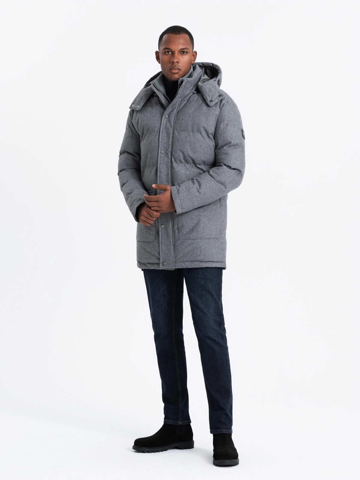 Warm long men’s parka jacket with wool – grey melange V1 OM-JALJ-0217