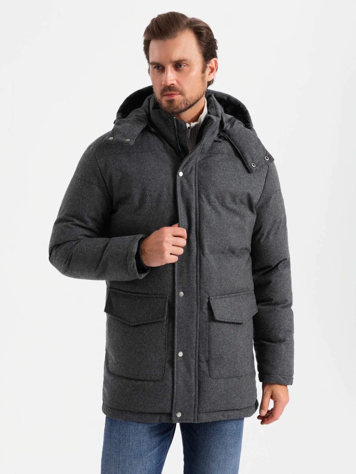 Men’s long warm parka jacket with wool – black melange V2 OM-JALJ-0217