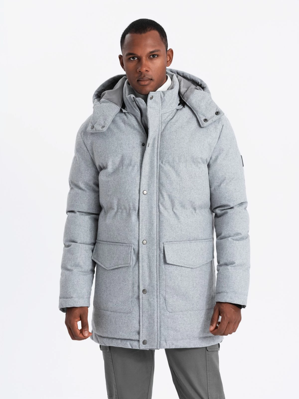 Warm men’s long parka jacket with wool – light grey melange V3 OM-JALJ-0217