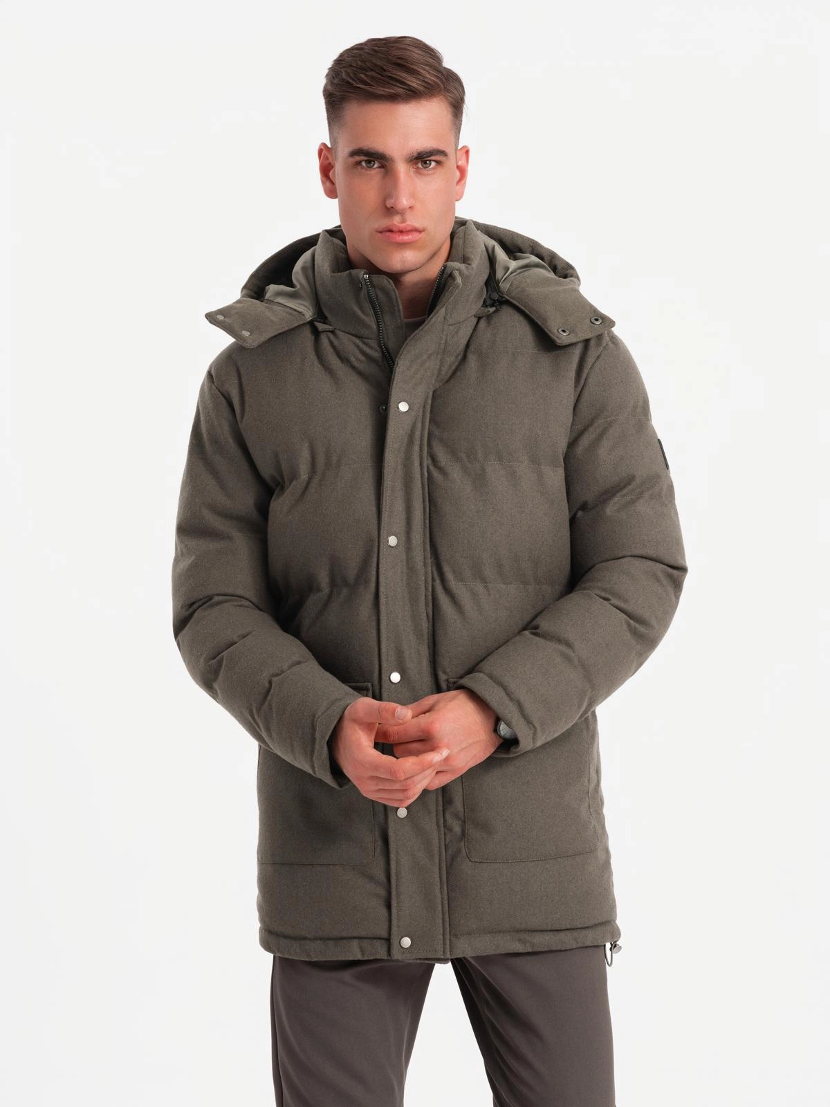 Men’s long warm parka jacket with wool – dark grey melange V4 OM-JALJ-0217