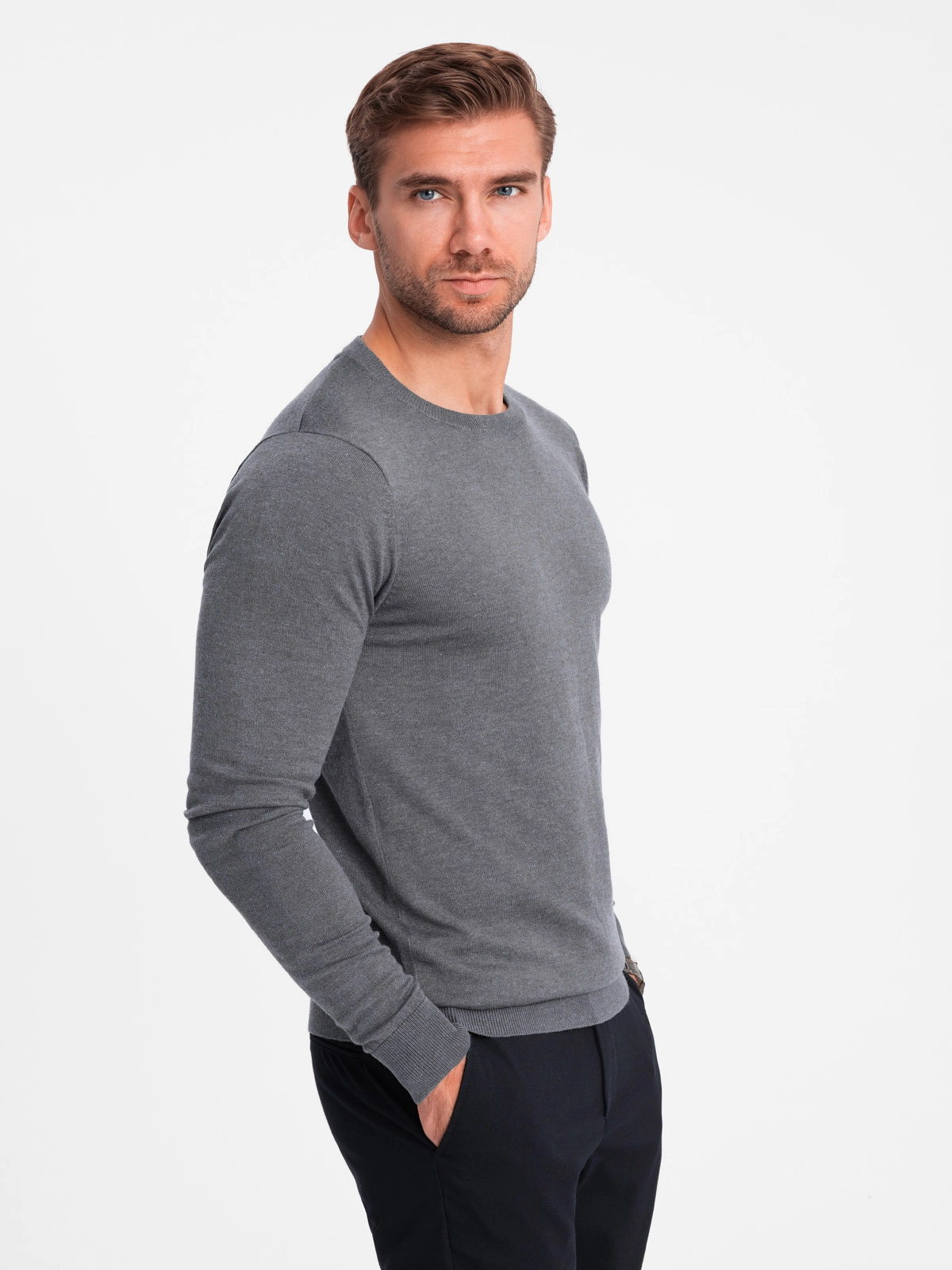 Classic BASIC men’s viscose sweater with round neckline – grey melange V1 OM-SWBS-0106