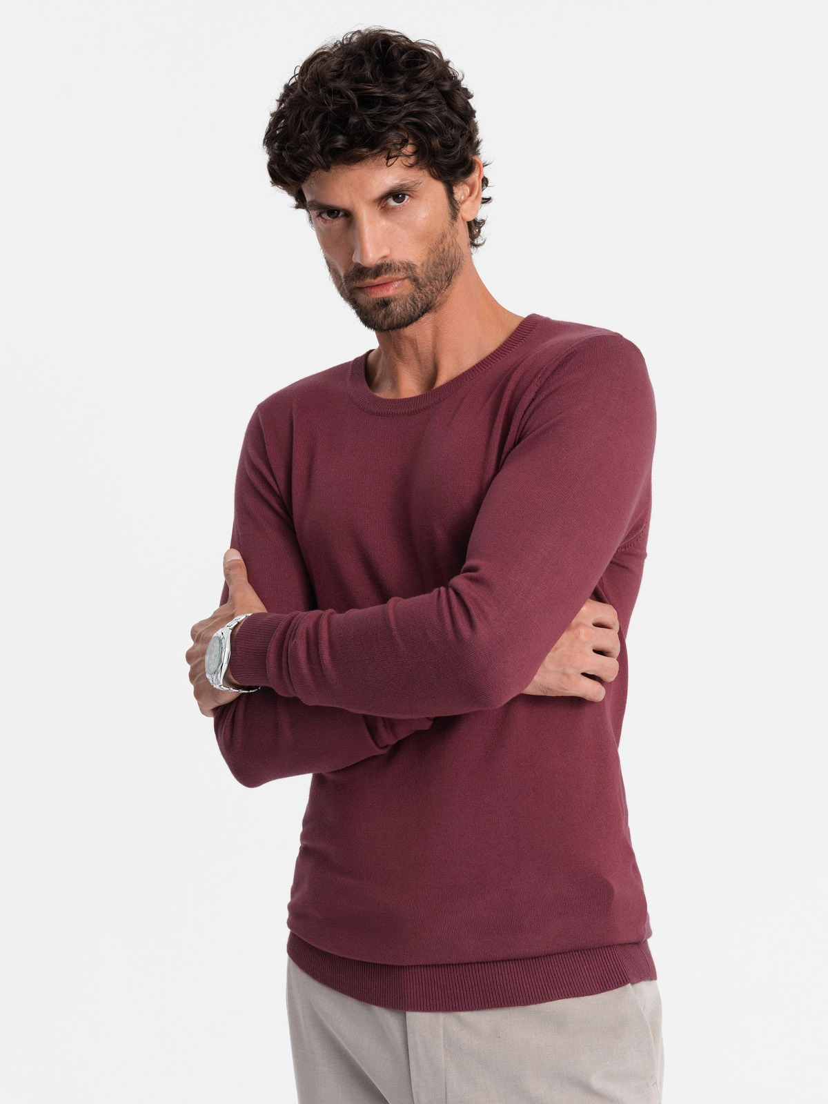 BASIC men’s viscose classic sweater with round neckline – maroon V11 OM-SWBS-0106