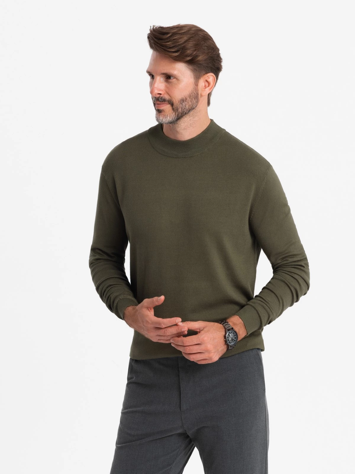 Men’s knitted half turtleneck with viscose – dark olive V7 OM-SWTN-0100